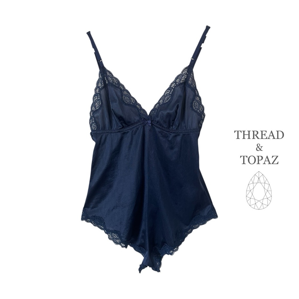 Vintage 70s Navy Blue Nylon & Lace Teddy by Fortune Medium
